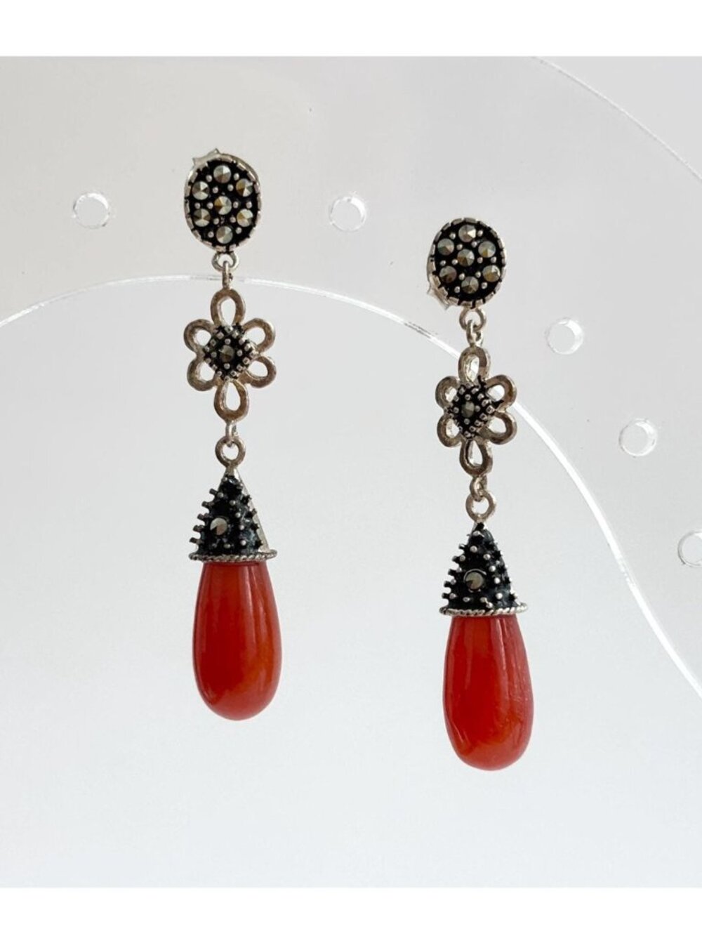 Art Deco Red Coral & Marcasite Floral Teardrop Vintage Sterling Silver Earrings